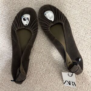 Zara Dark Brown Suede Flats with Silver Accents